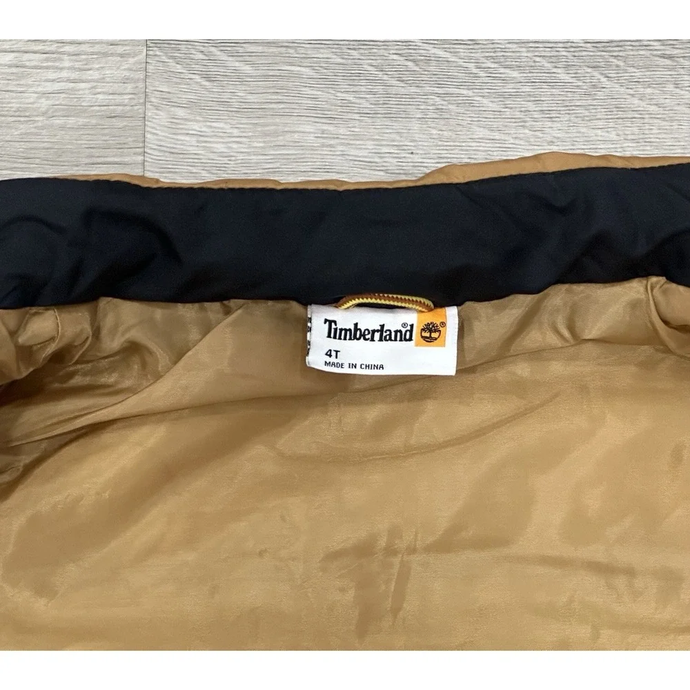 Timberland Vest Youth 4T Black Tan Puffer Quilted Pockets Two-Tone Full Zip READ